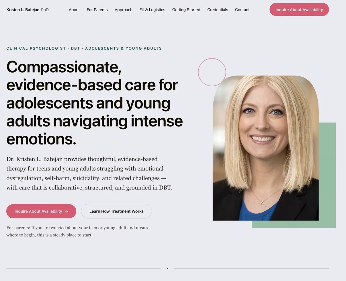 Homepage of the Dr. Kristen practice website, showing a portrait and introductory text