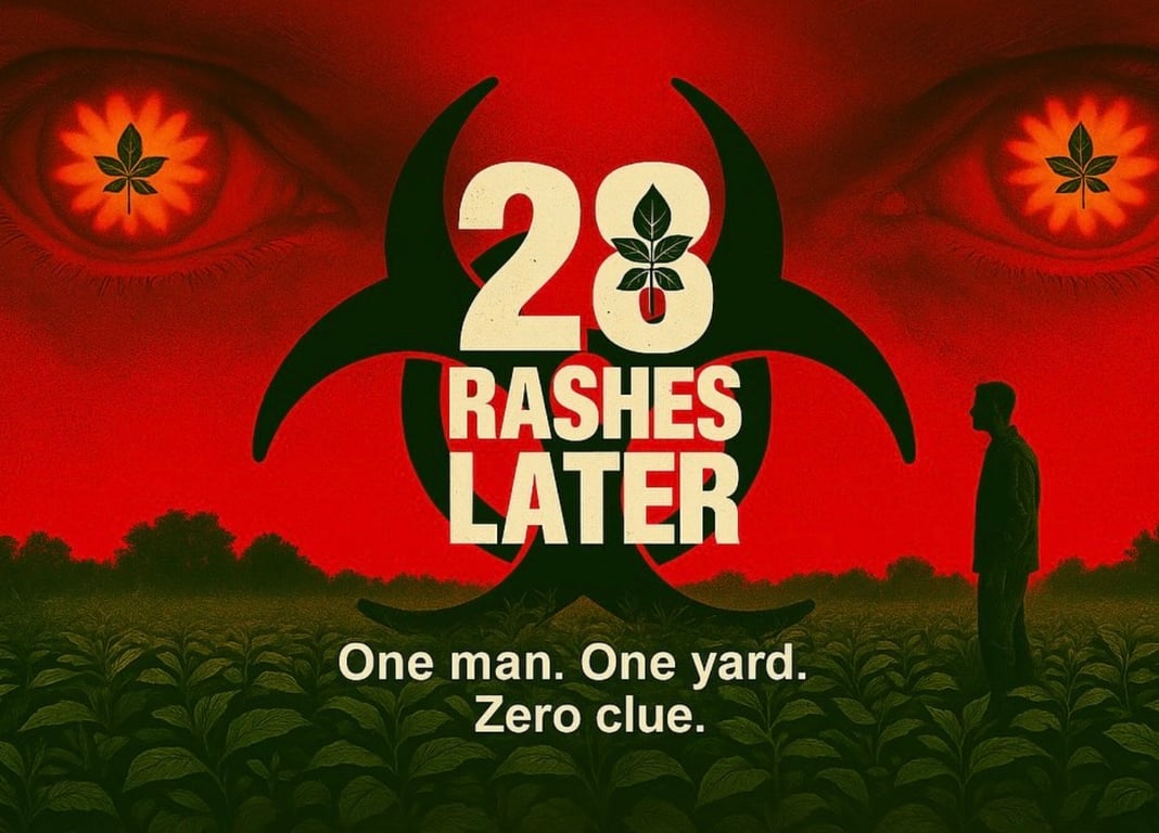 Mock film poster titled 28 Rashes Later showing a man in protective gear in a wooded yard