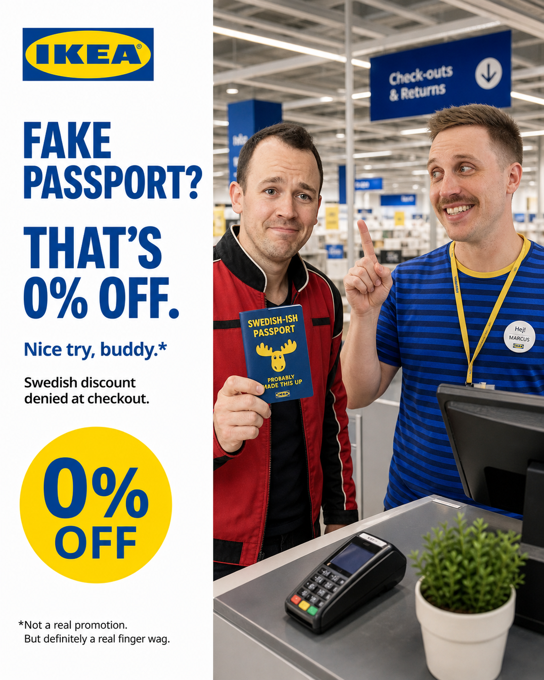 IKEA spec ad: Fake passport, 0% off